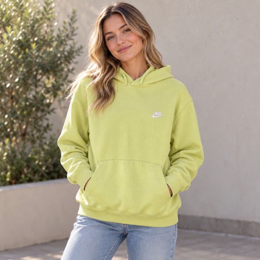 Nike Medium Pale Lime Green Pullover Hoodie Embroidered Swoosh